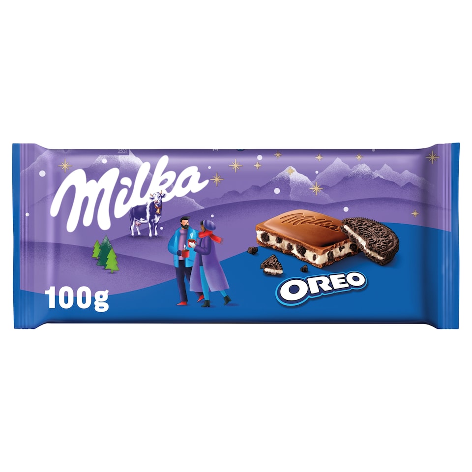 Milka Oreo alpesi tejcsokoládé kakaós kekszdarabokkal és vaníliaízű tejes krémtöltelékkel 100 g