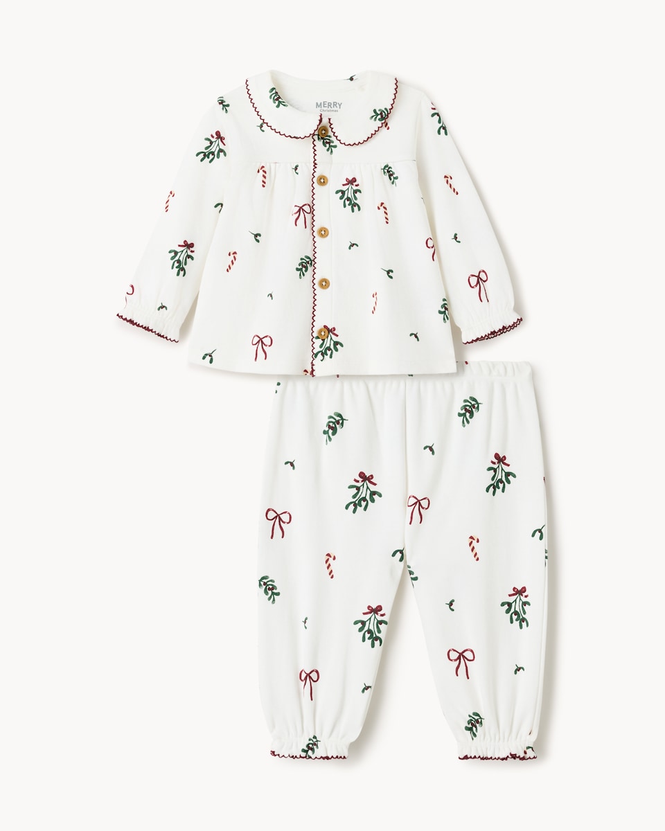image 1 of Christmas Baby Pure Cotton Mistletoe Shirt and Trouser Pyjama Set in White