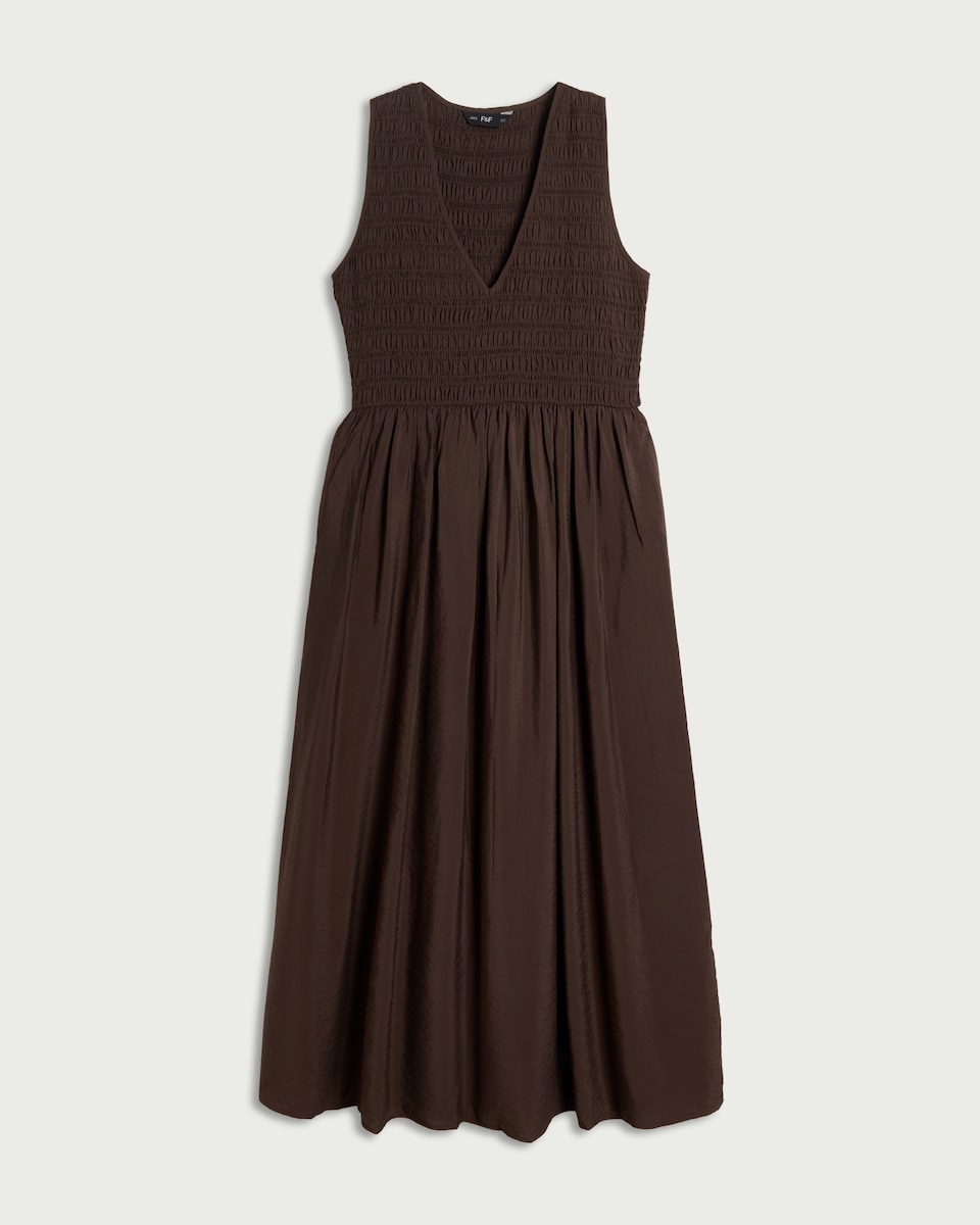 image 1 of F&F Shirred V Neck Midi Dress in Chocolate