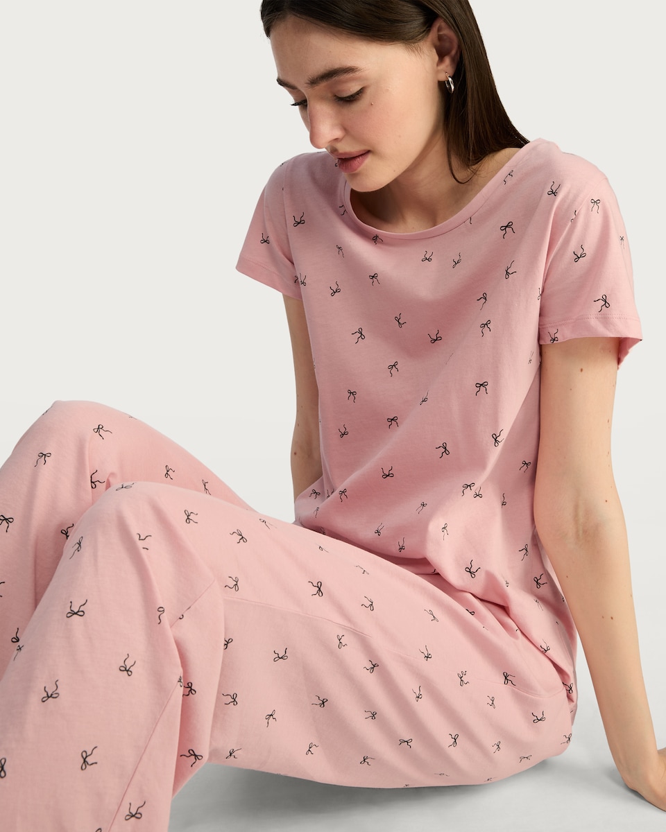 image 1 of F&F Pure Cotton Bow Print Pyjama Set in Pink