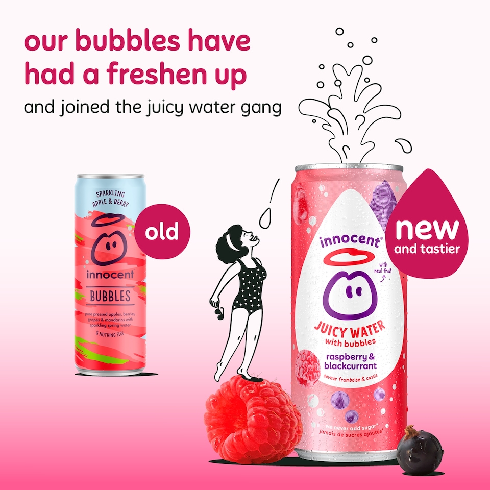 image 1 of Innocent Juicy Water with Bubbles Raspberry & Blackcurrant Juice Drink 330ml