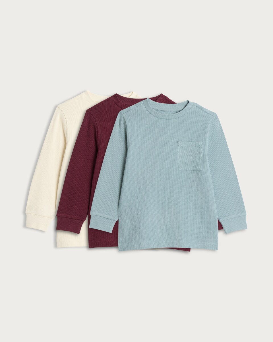F&F Boys 3-Pack Pure Cotton Waffle Long Sleeved Tops in Multi