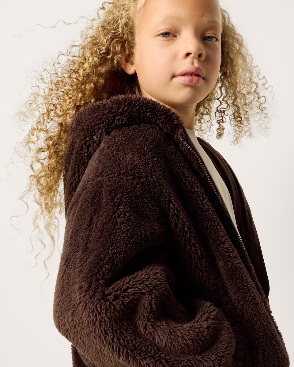 image 1 of F&F Girls Fleece Hooded Jacket in Brown