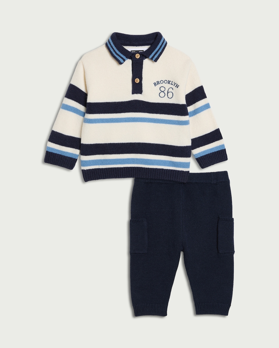 image 1 of F&F Baby 2-Piece Knitted Striped Set in Navy