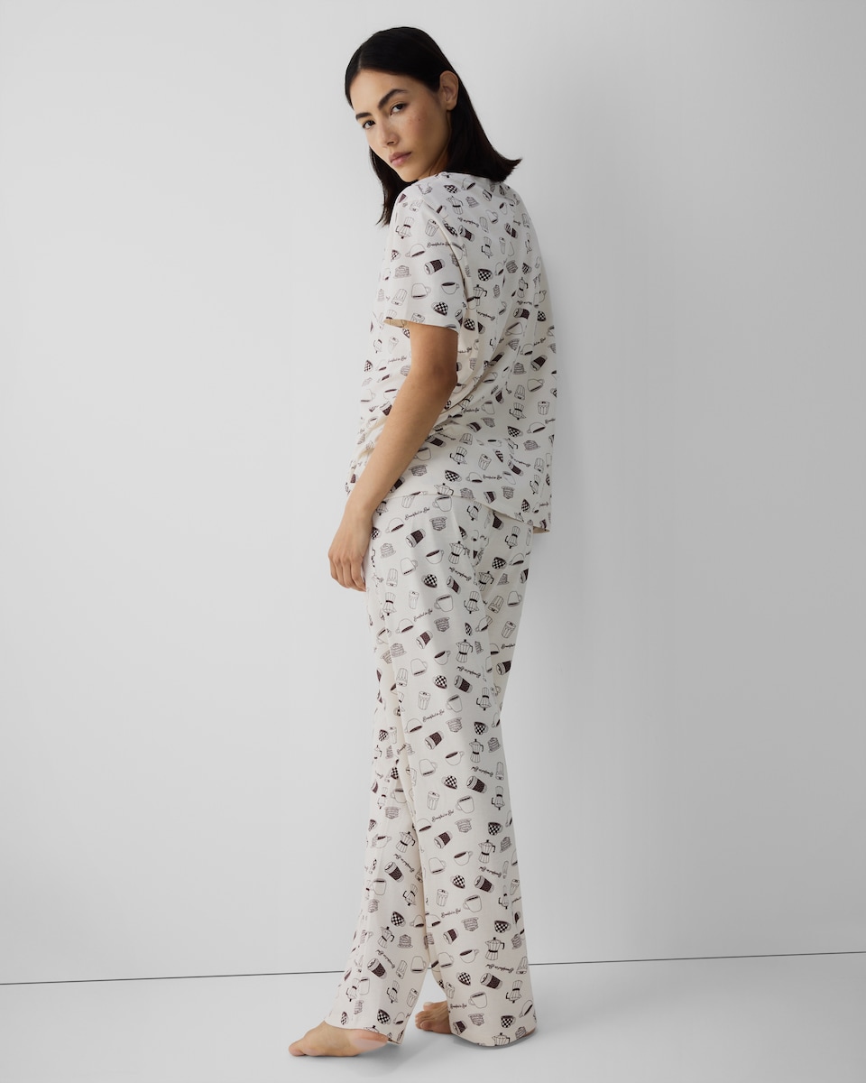 image 1 of F&F Pure Cotton Breakfast Print Pyjama Set in Cream