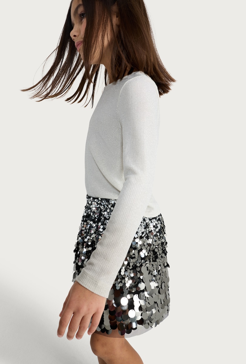 image 1 of F&F Girls Chunky Sequin Embellished Mini Skirt in Silver
