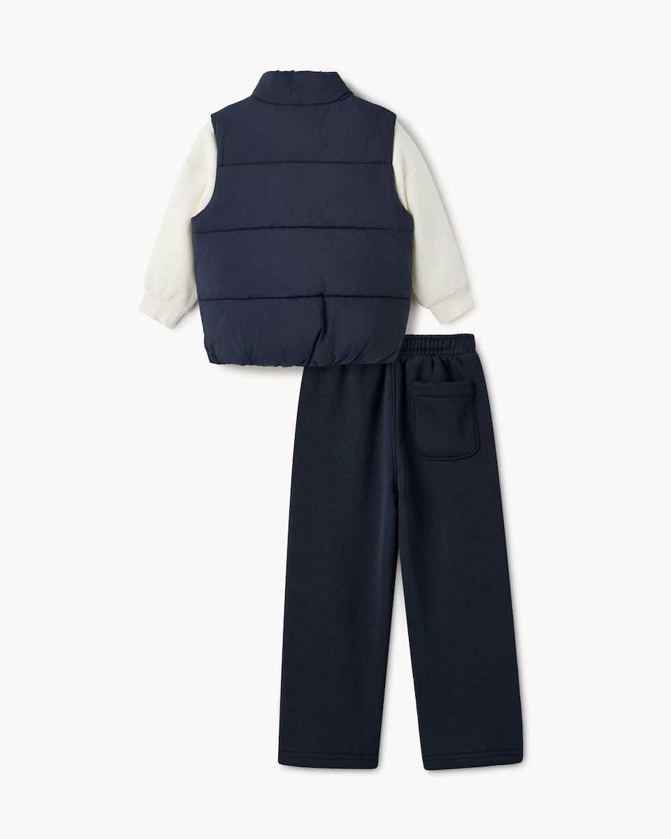 image 1 of F&F Boys Zip Up Gilet, Sweatshirt and Joggers Set in Navy