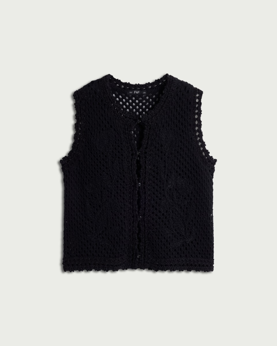 image 1 of F&F Pure Cotton Open Knit Waistcoat in Black