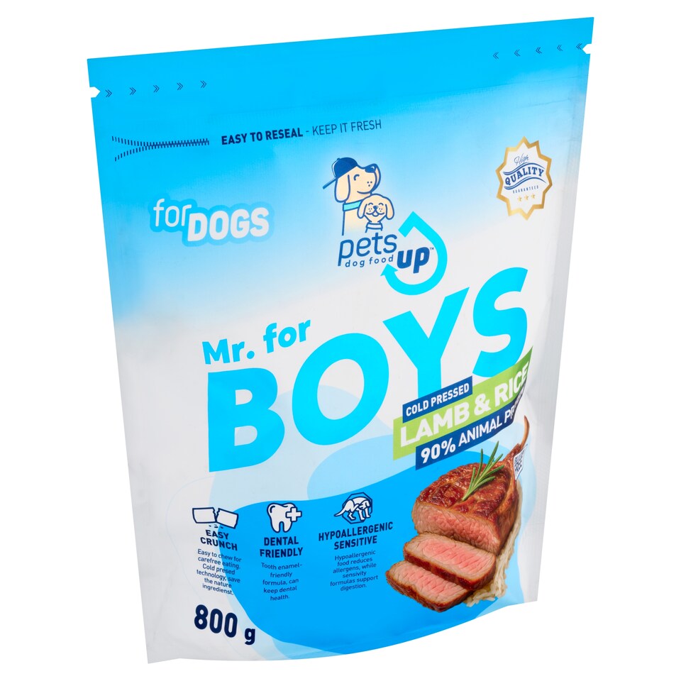 PetsUp Mr. for Boys érzékeny kutyák igényeihez igazodó bárány és rizs alapú prémium kutyatáp 800 g  1. kép