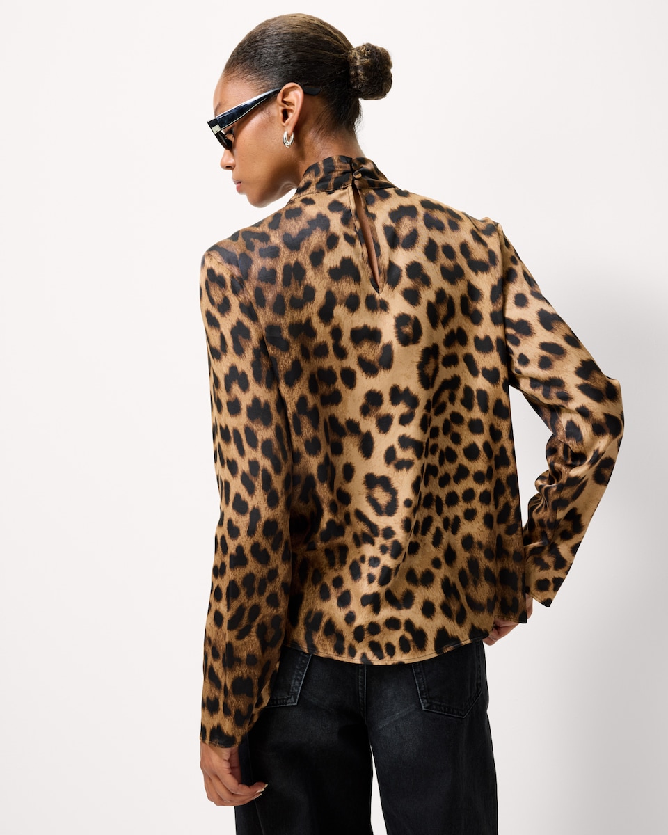 image 1 of F&F Leopard Print High Neck Blouse in Multi Brown