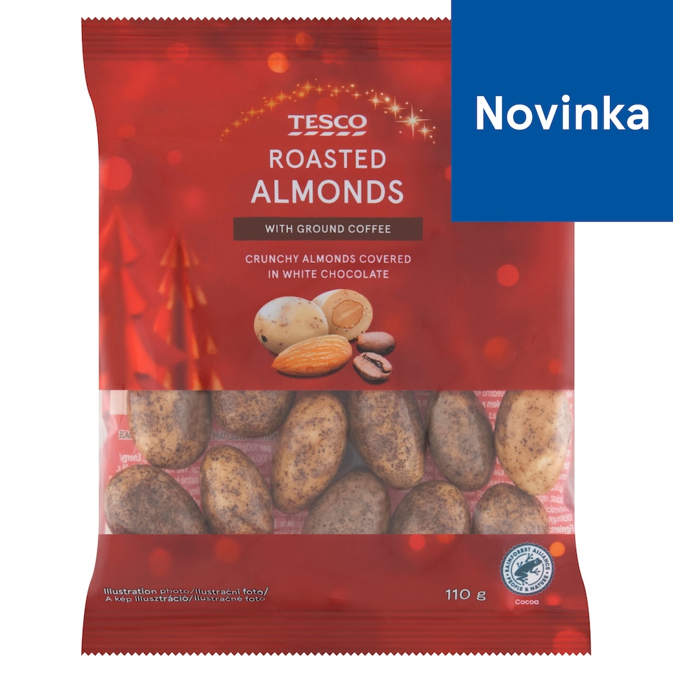 Tesco Pražené jadrá mandlí v bielej čokoláde s mletou kávou 110 g