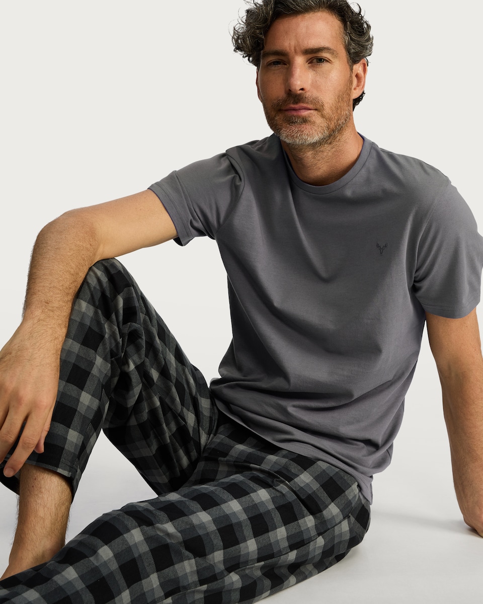 image 1 of F&F Fleece Trousers Check Pyjama Set in Grey