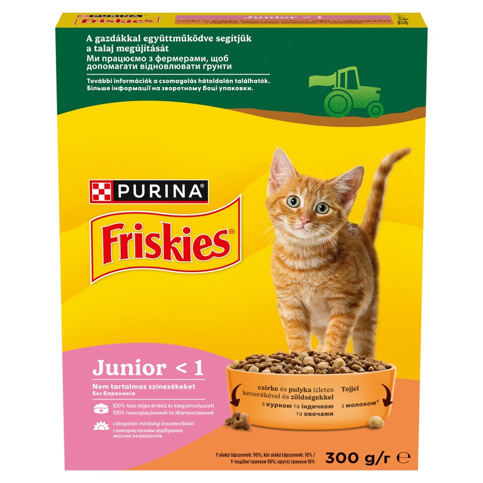Purina Friskies Junior csirkével, tejjel és hozzáadott zöldségekkel száraz macskaeledel 300 g