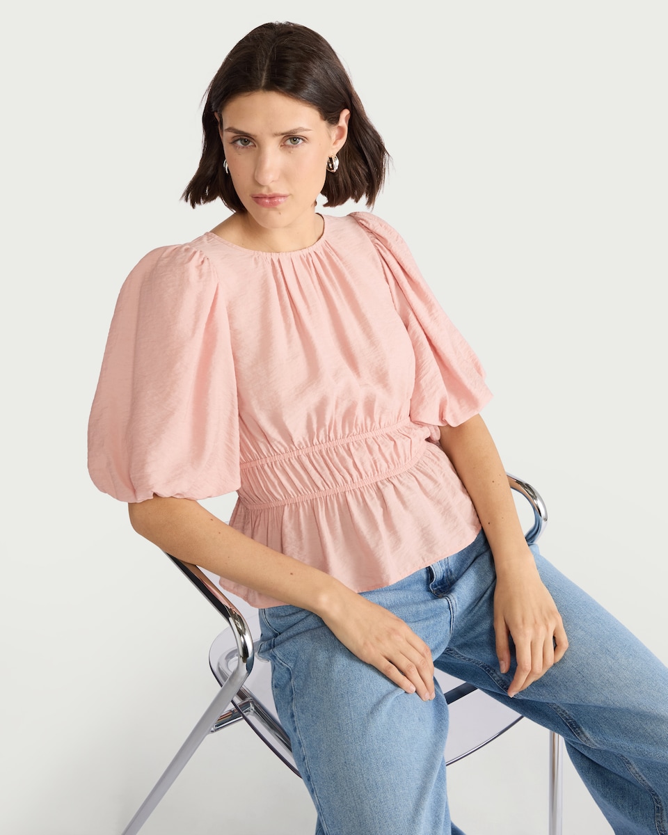 image 1 of F&F Shirred Puff Sleeve Blouse in Pink