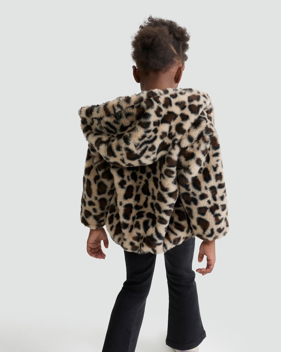 image 1 of F&F Girls Faux Fur Leopard Print Jacket in Multi Brown