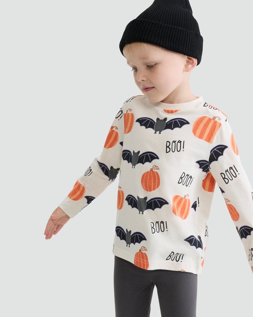 image 1 of F&F Boys Cotton Rich Bat and Pumpkin Print Top and Leggings Set in Cream