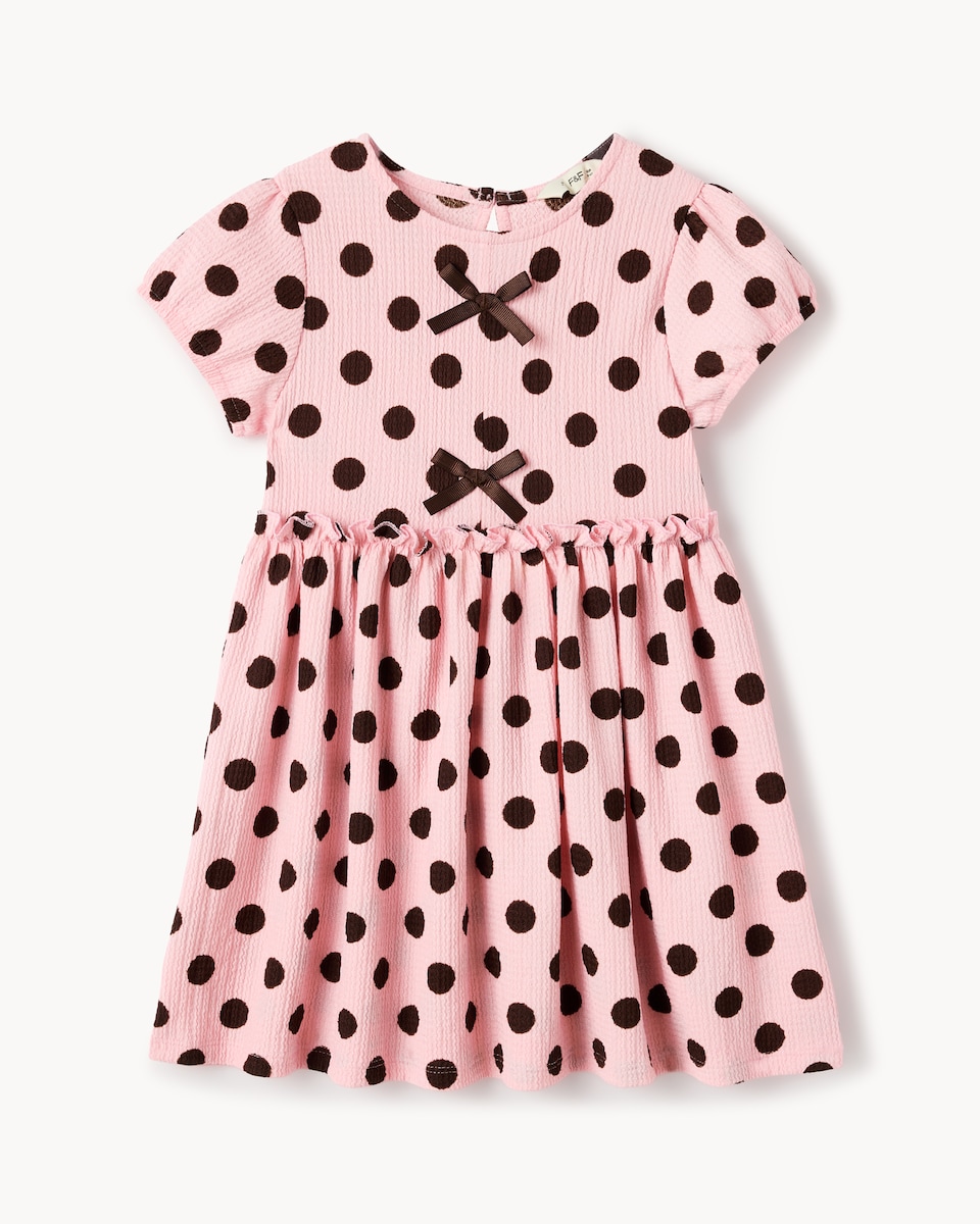 image 1 of F&F Girls Textured Polka Dot Bow Dress in Pink