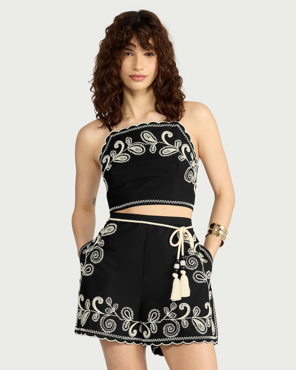 image 1 of The F&F Edit Cotton Rich Embroidered Co-ord Top in Black