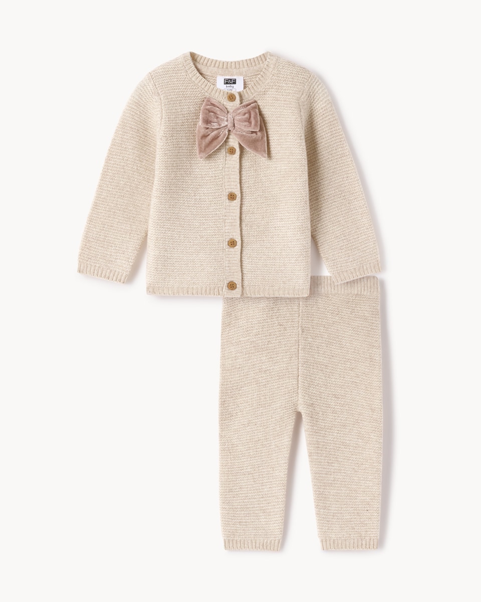 image 1 of F&F Baby Knitted Bow Cardigan and Bottoms Set in Neutral