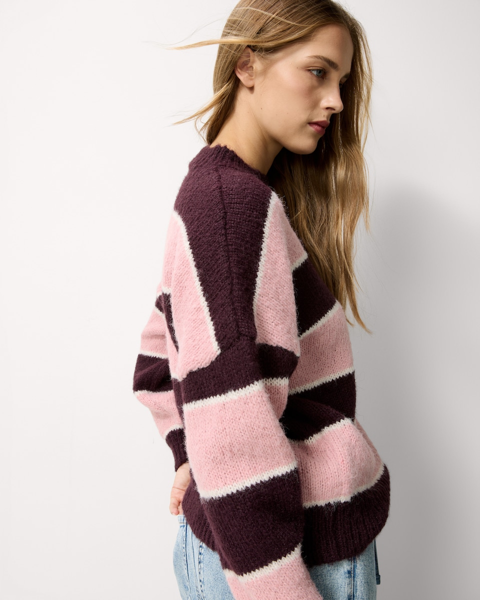 image 1 of F&F Crew Neck Striped Jumper in Burgundy