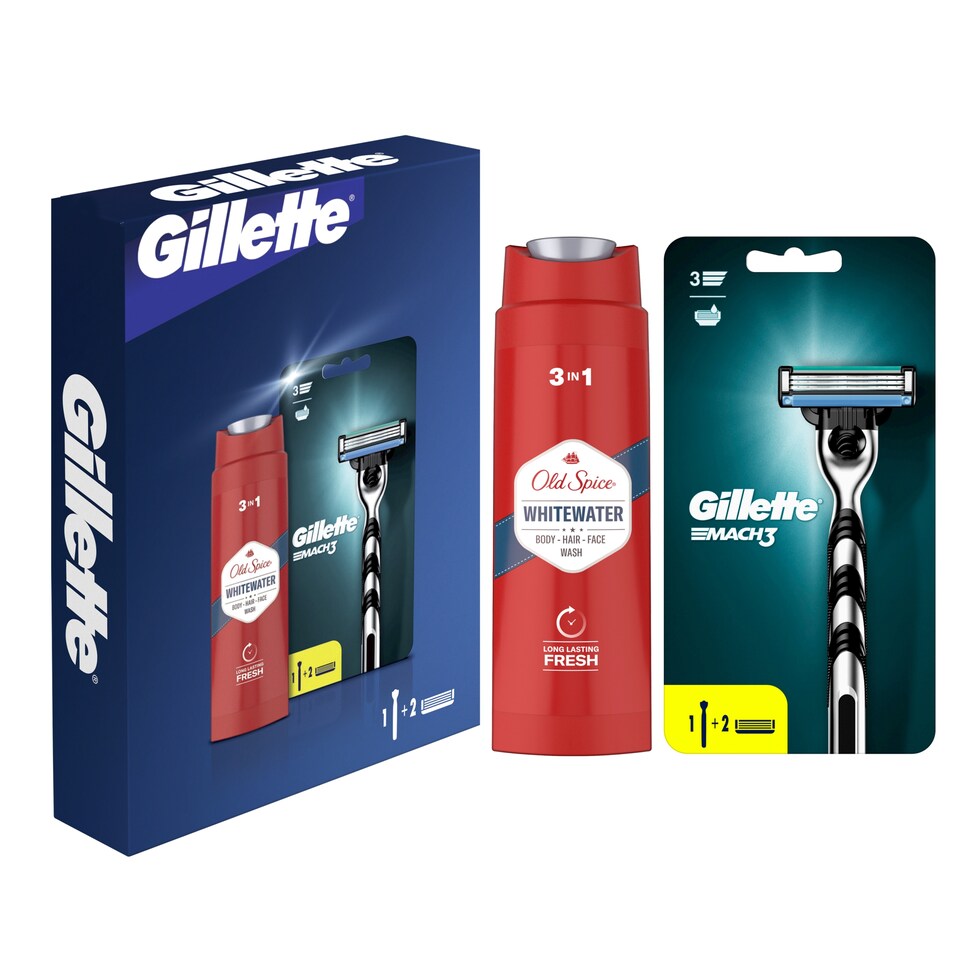 Ajándékcsomag: Gillette Mach3 Férfi Borotva, Old Spice 3 az 1-ben Tusfürdő, Sampon és Arclemosó250ml  1. kép
