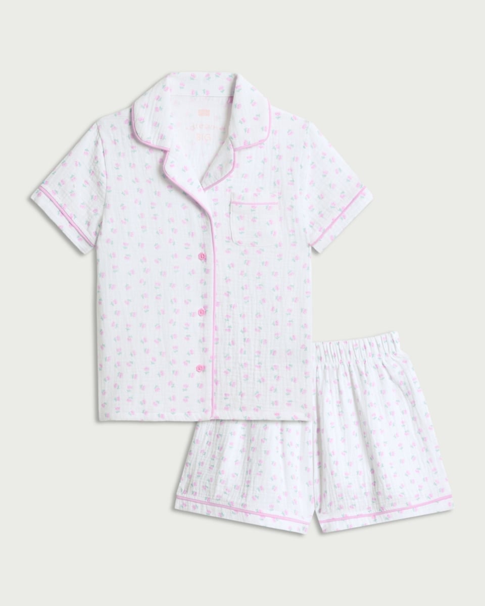 image 1 of F&F Pure Cotton Floral Print Revere Short Pyjama Set in Pink