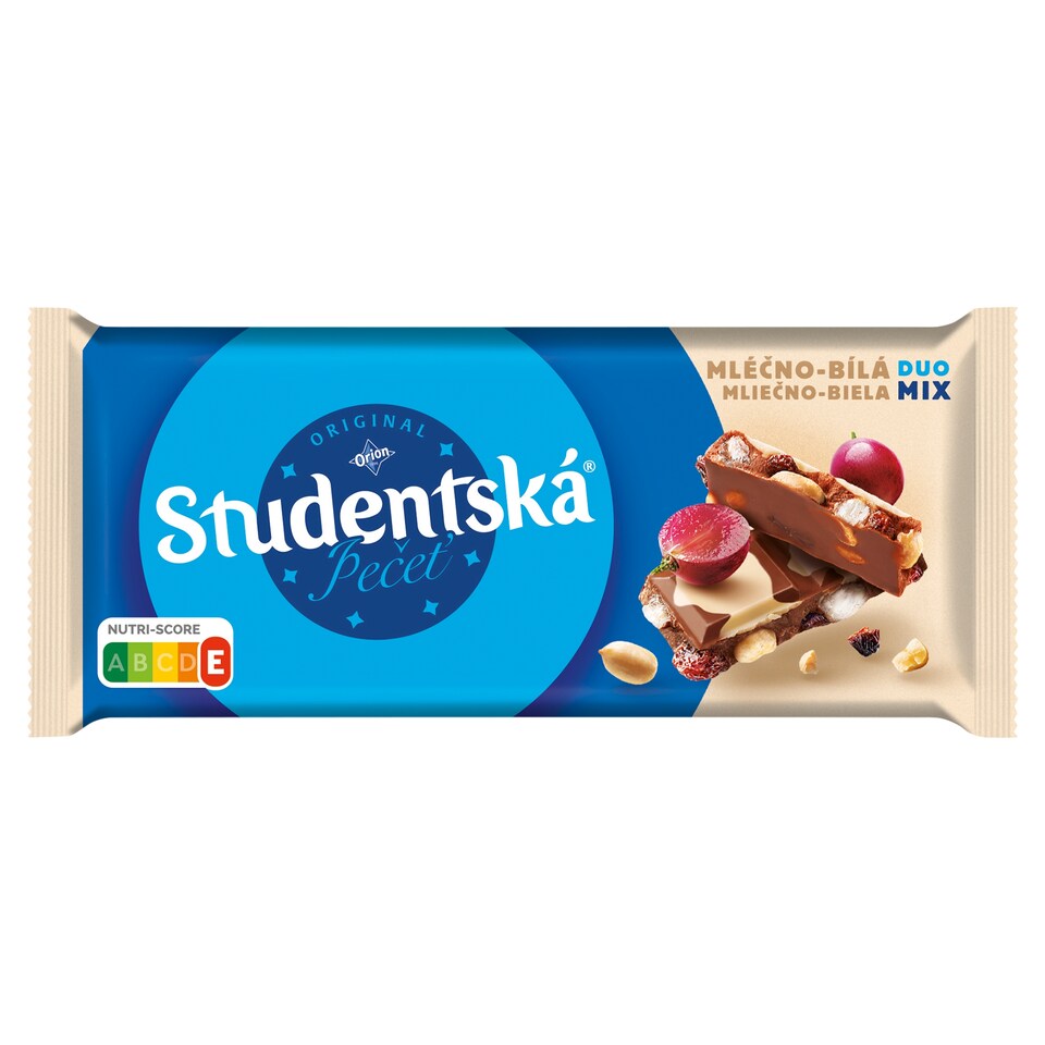 ORION ŠTUDENTSKÁ PEČAŤ mliečno-biela čokoláda s arašidmi, hrozienkami a želé 170 g