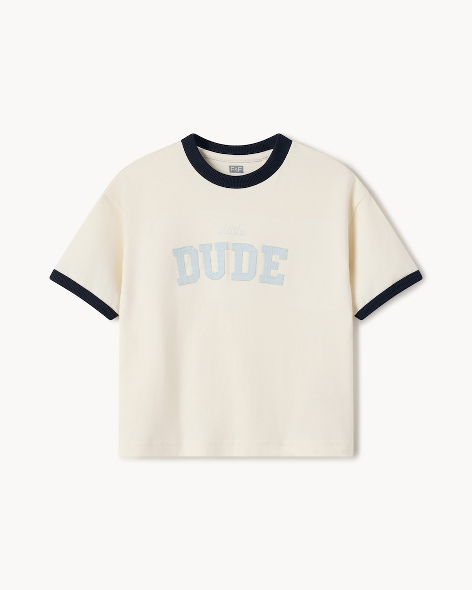 image 1 of F&F Boys Pure Cotton Dude T-Shirt in Cream