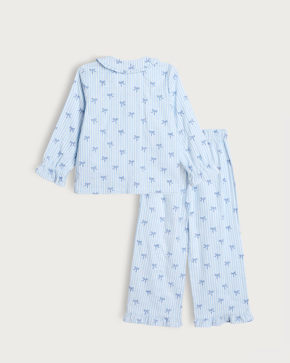 image 1 of F&F Girls Pure Cotton Bow Stripe Print Pyjama Set in Blue Multi