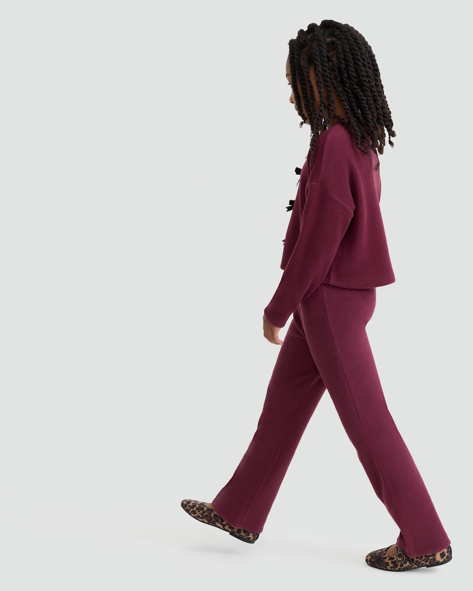 image 1 of F&F Girls Snit Textured Bow Jumper and Trousers in Burgundy