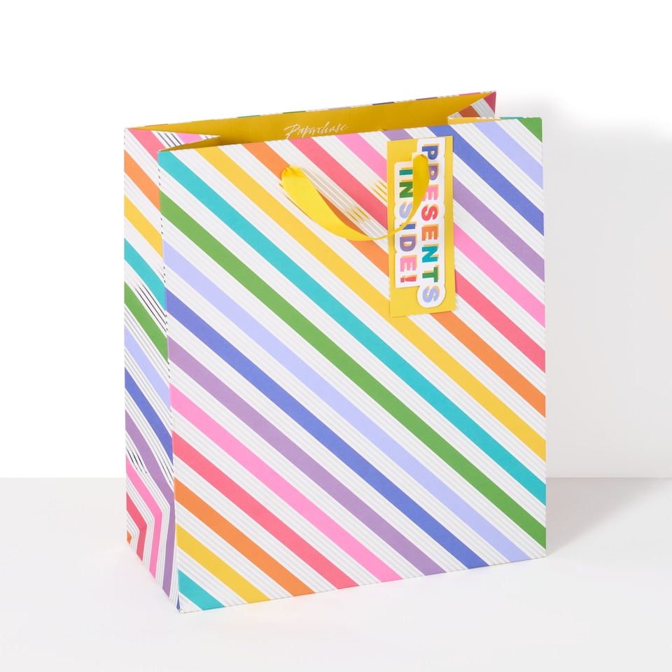 image 1 of Paperchase Rainbow Silver Foiled Striped Large Gift Bag