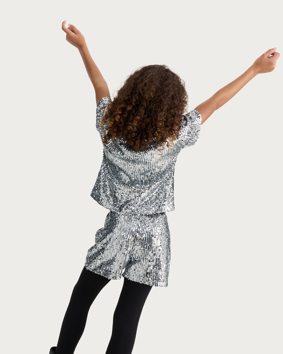 image 1 of F&F Girls 2-Piece Sequin Top and Shorts Set in Silver