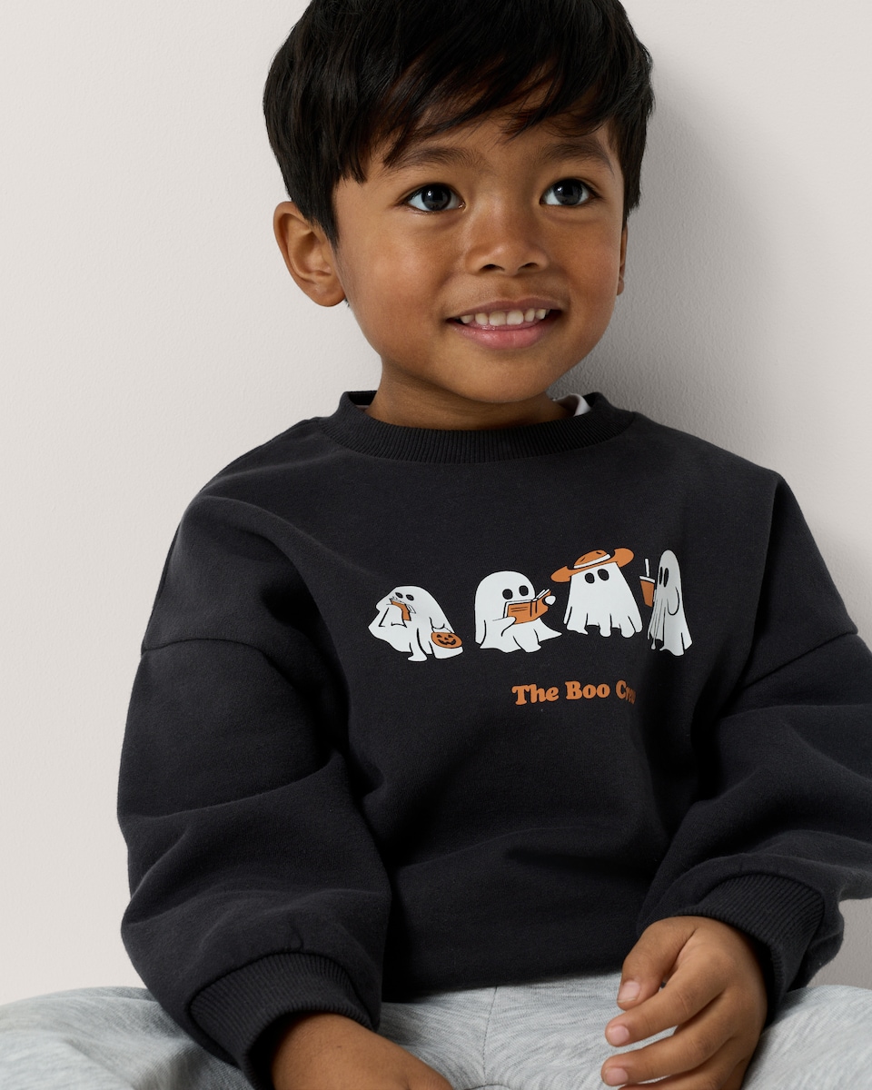 image 1 of F&F Boys Cotton Rich Halloween Boo Crew Sweatshirt in Black