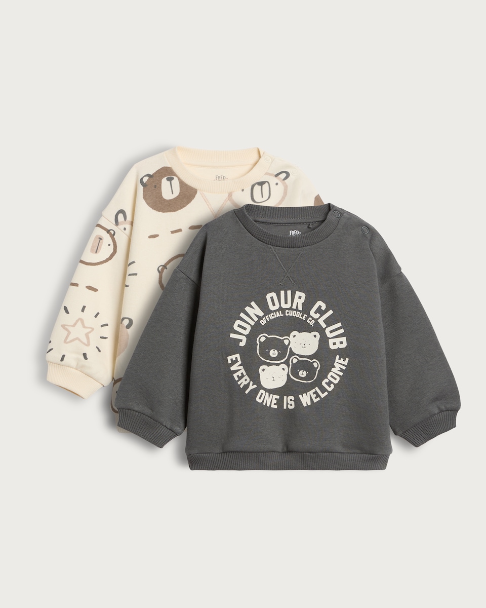 image 1 of F&F Baby 2-Pack Cotton Rich Join Our Club Bear Sweatshirts in Grey