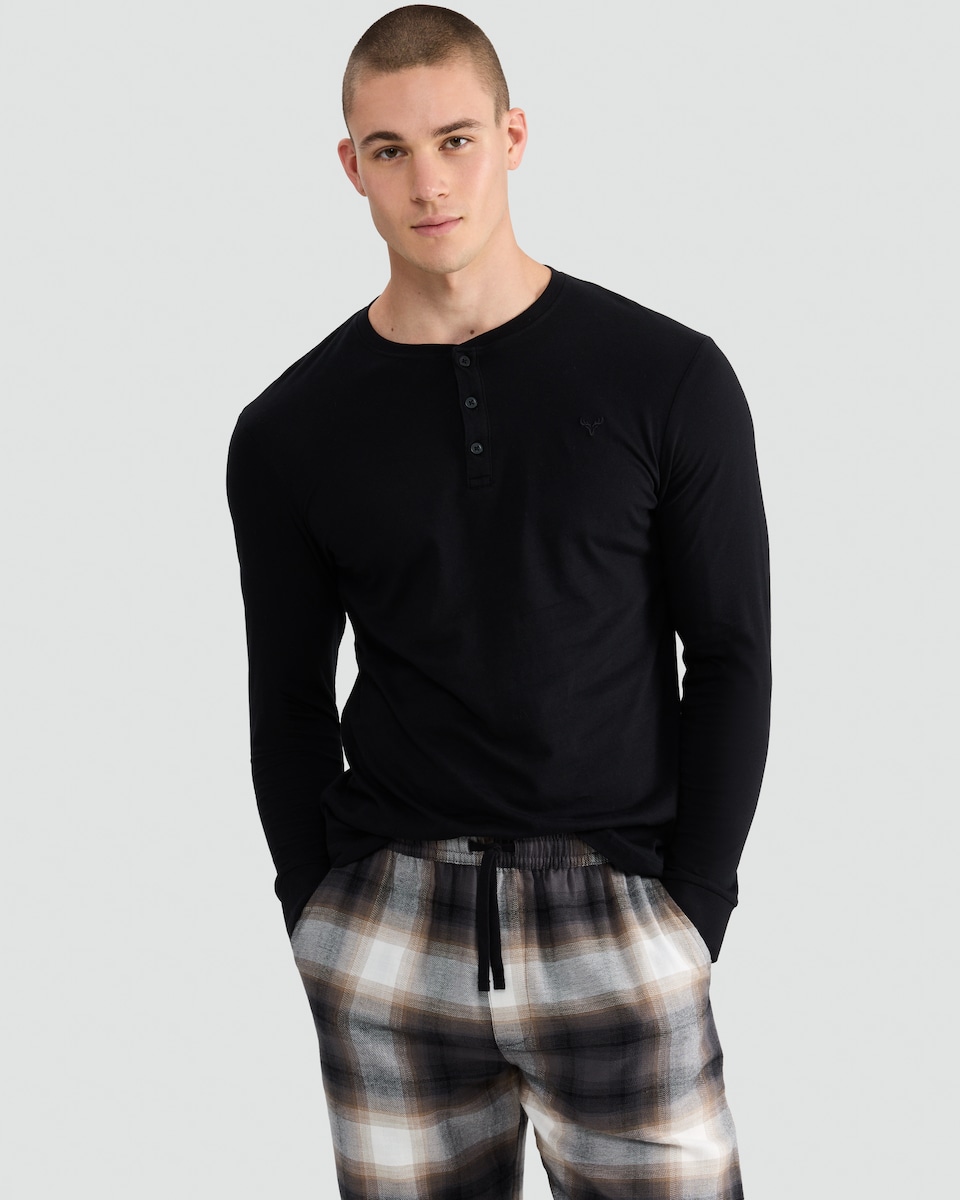 image 1 of F&F Pure Cotton Henley Top and Check Print Bottoms Pyjama Set in Multi