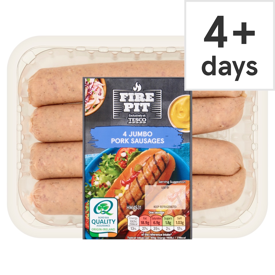 Tesco Fire Pit 4 Jumbo Pork Sausages 400G
