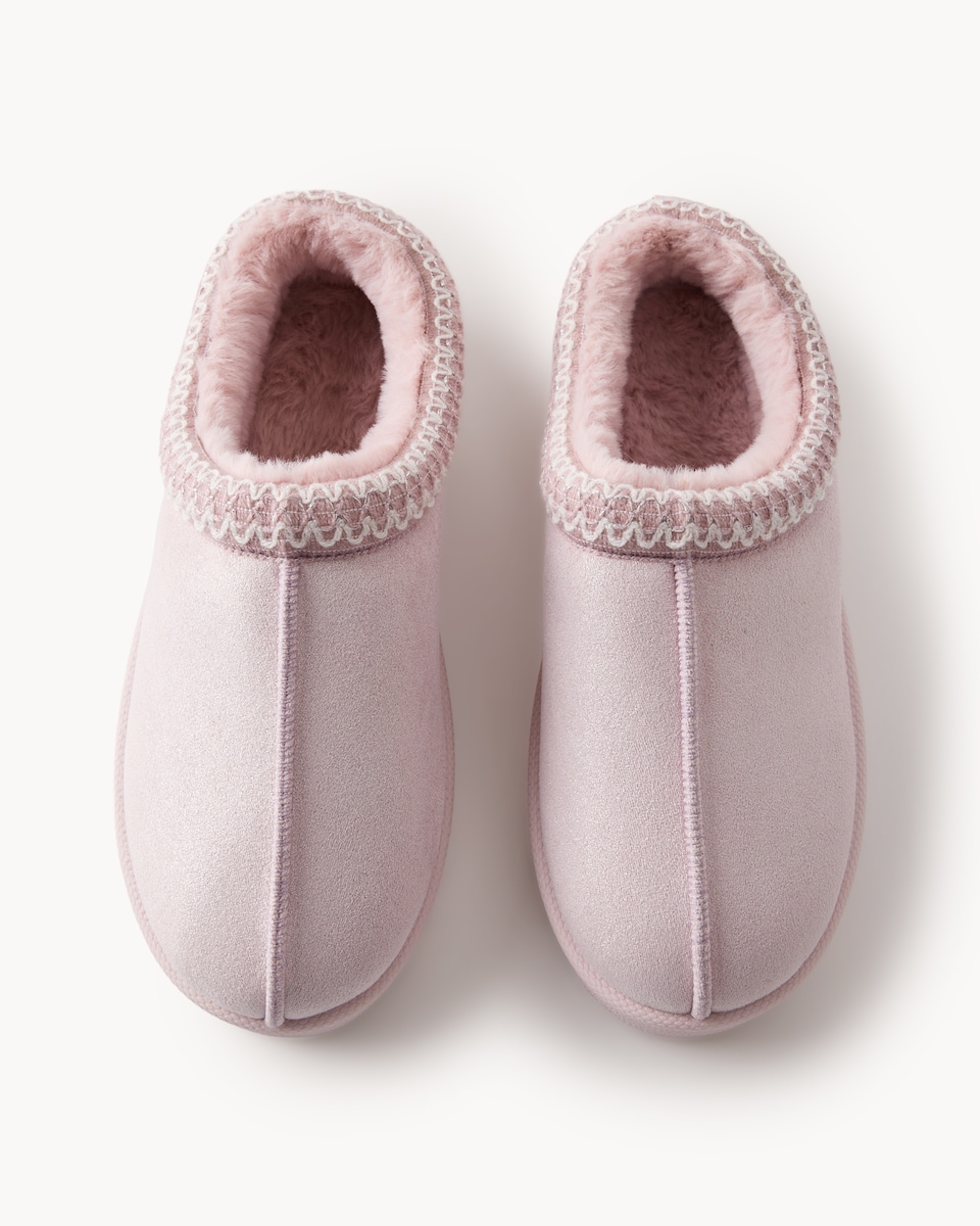image 1 of F&F Girls Faux Fur Lined Embroidered Mule Slippers in Pink