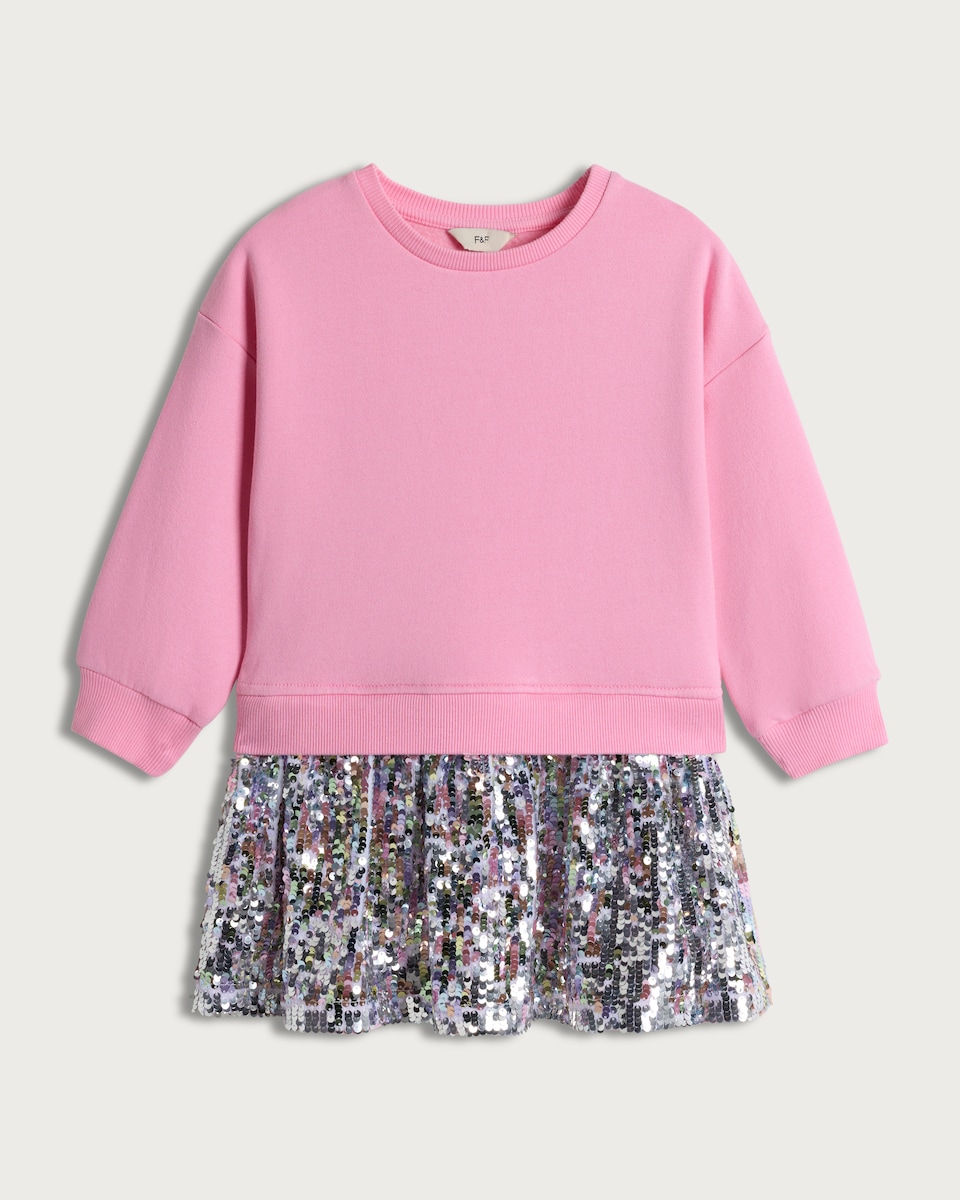 image 1 of F&F Girls Sequin Skirt Sweater Dress in Pink