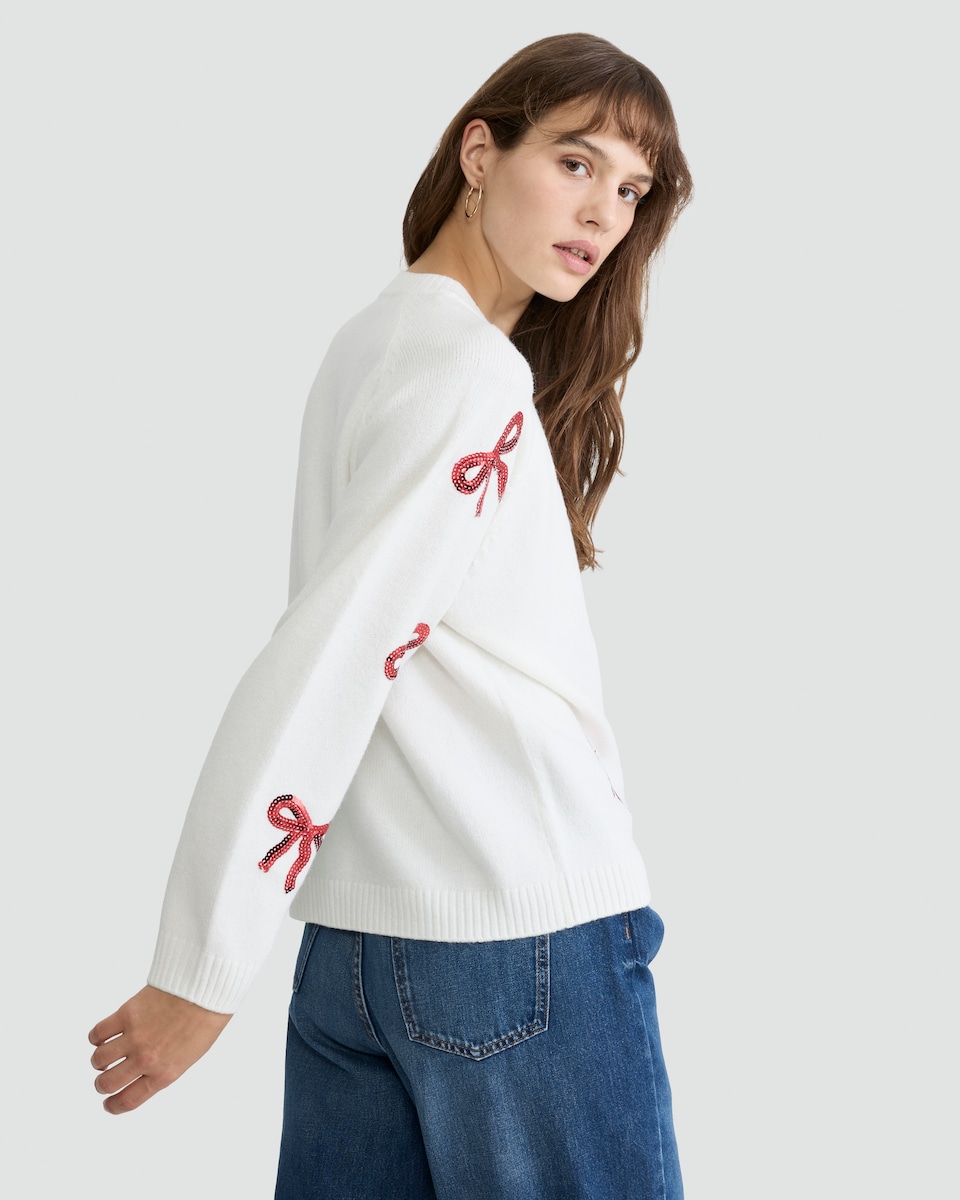 image 1 of F&F Knitted Bow Sequin Embellished Jumper in Cream