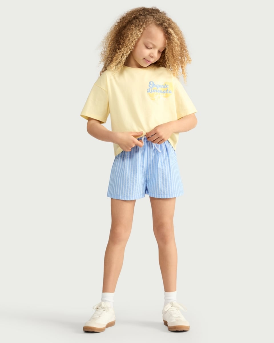 image 1 of F&F Girls 2-Piece Lemon T-Shirt and Striped Shorts Set in Multi Yellow