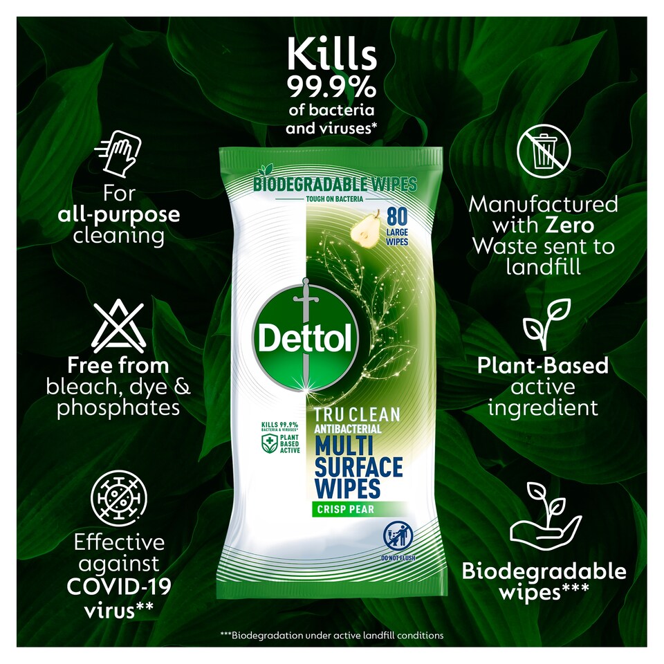 image 1 of Dettol Tru Clean Biodegradable Pear Antibacterial Wipe 80S