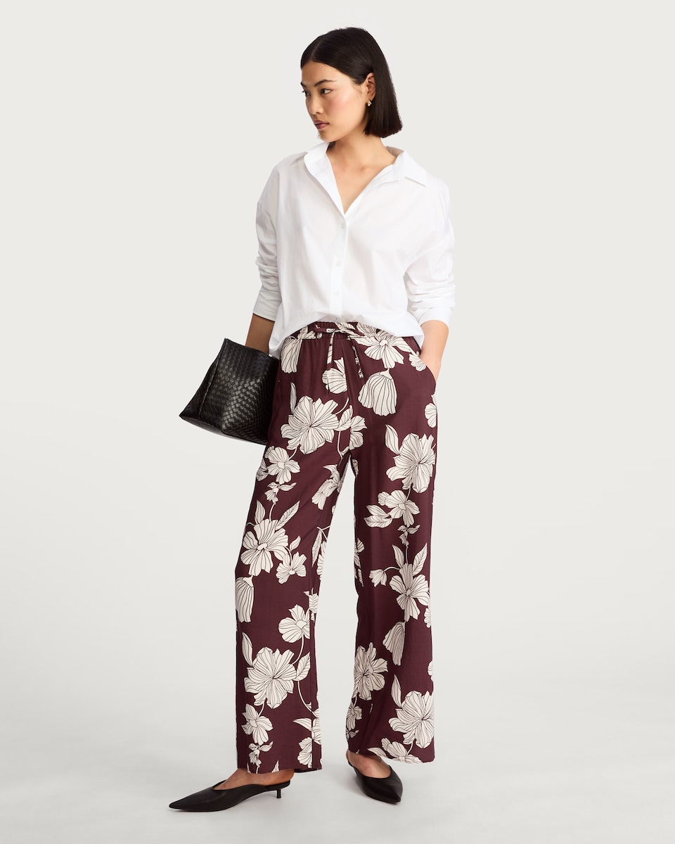 image 1 of F&F Floral Wide Leg Drawstring Trousers in Burgundy