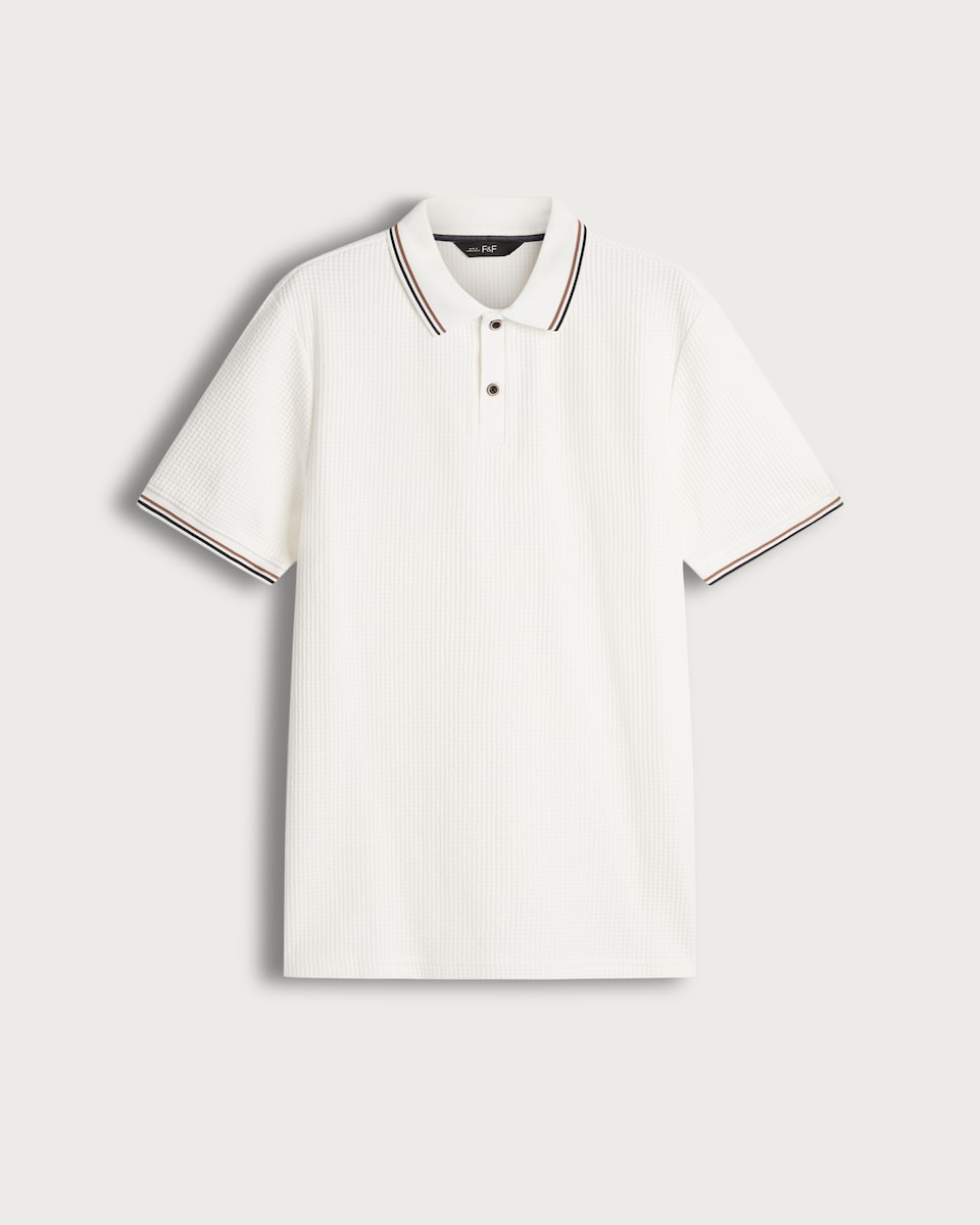 image 1 of F&F Cotton Blend Waffle Textured Polo Shirt in Cream
