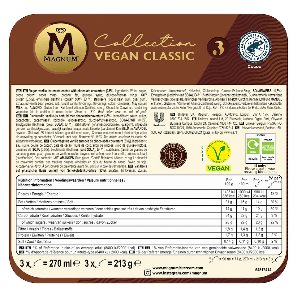 image 1 of Magnum Collection Vegan Classic Ice Cream Sticks 3 x 90ml