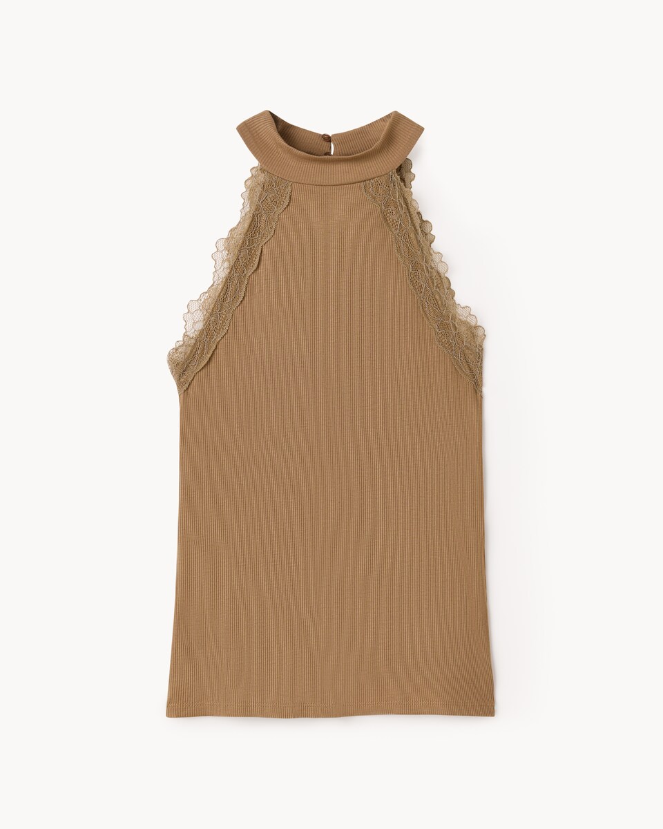 image 1 of F&F Lace Trim Halter Neck Top in Brown