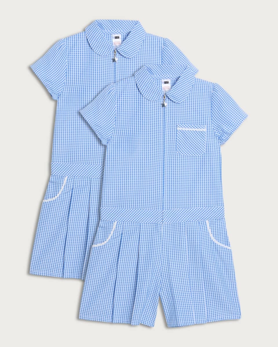 F&F School Girls 2-Pack Gingham Short Sleeved Playsuits in Blue