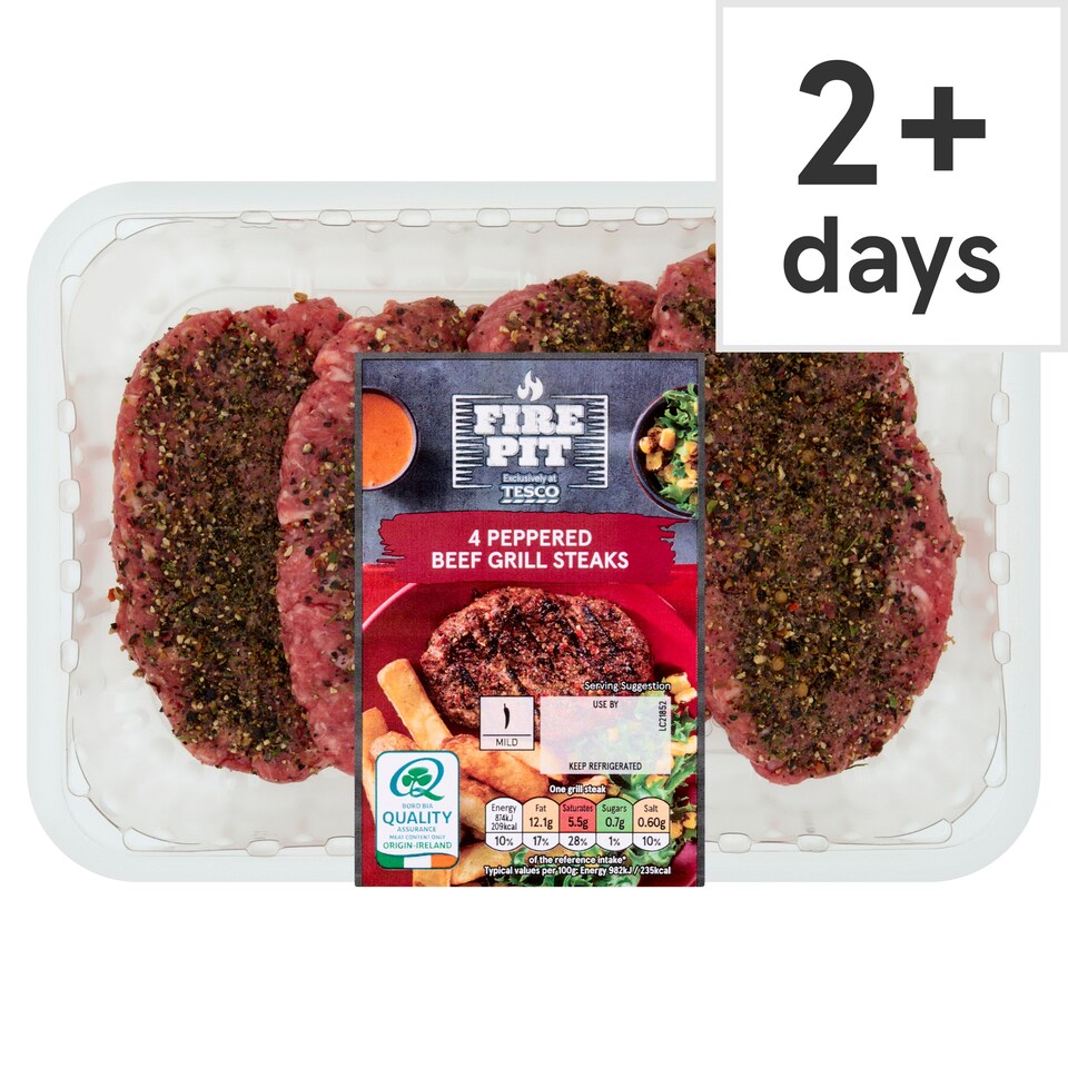 Tesco Fire Pit 4 Peppered Beef Grill Steaks 454G