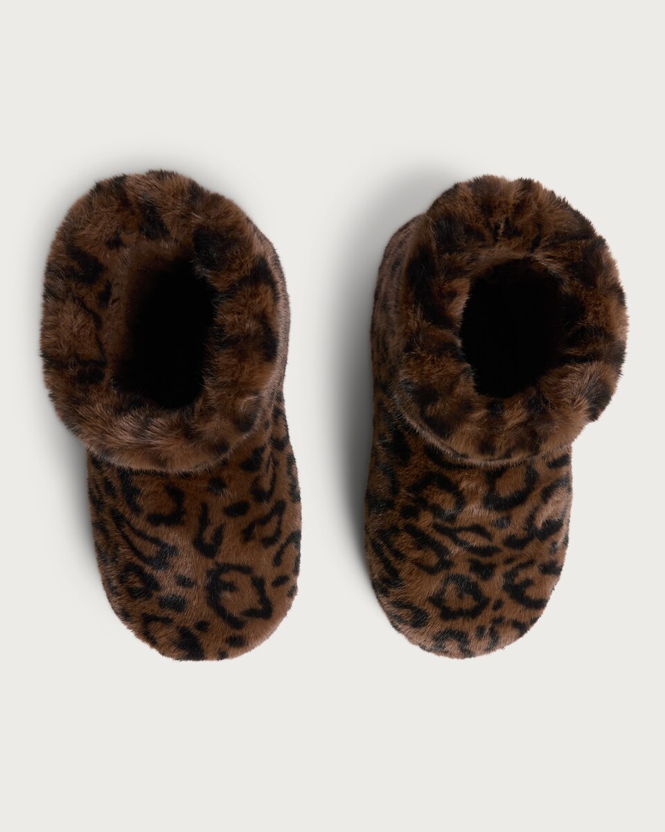 image 1 of F&F Faux Fur Leopard Print Boot Slippers in Brown