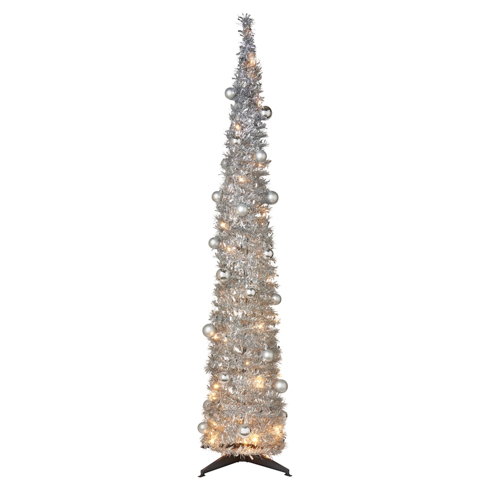 image 1 of Tesco 6FT Pop Up Silver Tinsel Bauble Pre Lit Christmas Tree