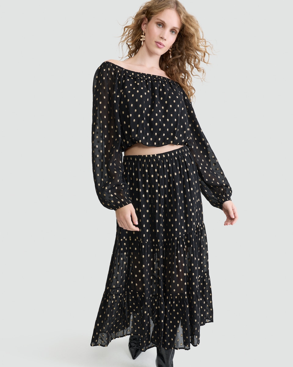 image 1 of F&F Metallic Polka Dot Long Sleeved Co-ord Blouse in Black